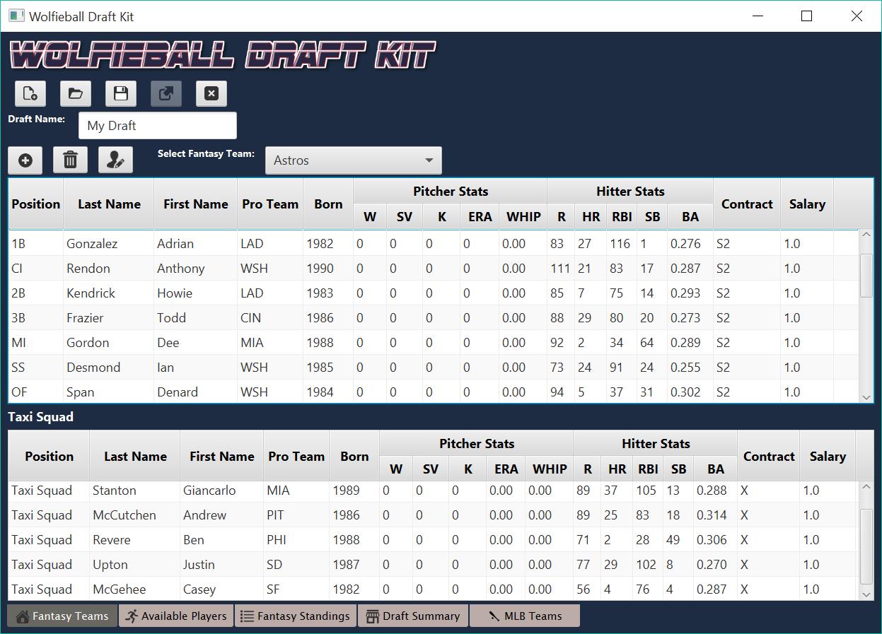 A screenshot of Wolfie Ball's draft builder screen